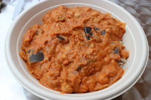 Eggplant & chickpea ragout with cashew cream over brown rice. at Greens and Grains in Galloway