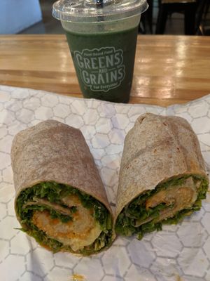 Vegan buffalo chicken wrap and green smoothie at Greens and Grains in Galloway