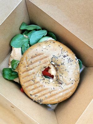 Red pepper and humous bagel - this was a take away so it got a little bit wonky in my bag but still tasted great at Picnic in Glasgow