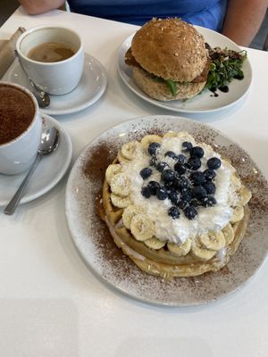 Picnic Waffle and BLT Sandwich with a oat hot chocolate and a oat flat white   at Picnic in Glasgow