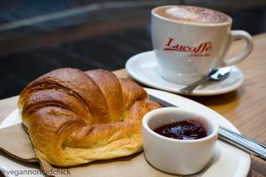 Vegan croissant and almond milk mocha. They also offer soy and oat milk. The croissant was perfect! Just like the non-vegan croissants I used to love. Yum! at Picnic in Glasgow