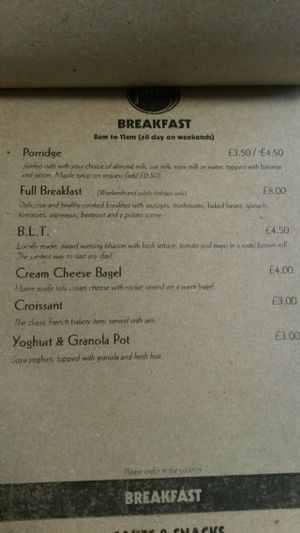 Breakfast menu at Picnic in Glasgow