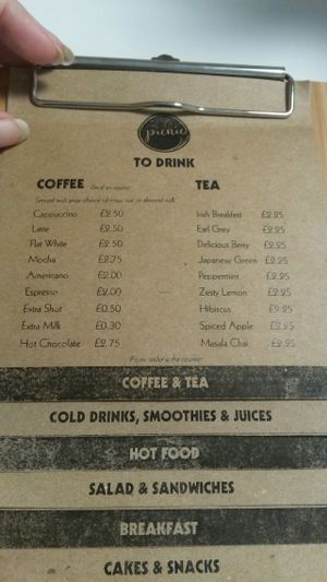 Hot drinks menu at Picnic in Glasgow
