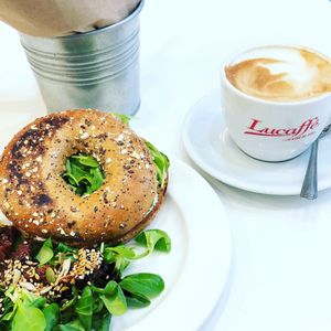 Tofu Cream Cheese Bagel + Flat White w/ Oat Milk at Picnic in Glasgow