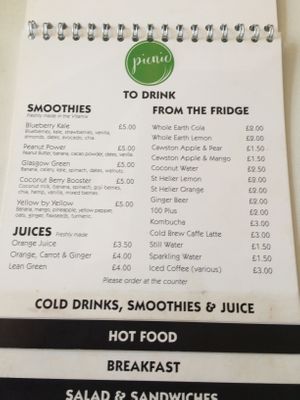Menu at Picnic in Glasgow