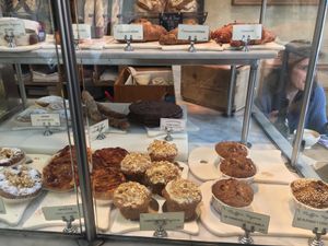4 vegan cake options, and a croissant! at Le Pain Quotidien - Gran Via in Madrid