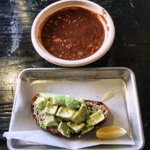Avocado toast and black beans soup at The Source in San Jose