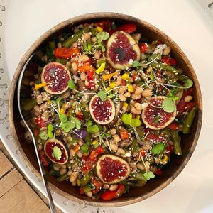 Salad of the day filled with seasonal veggies and the last of the figs at Ziva To Go - Industrial in Mallorca