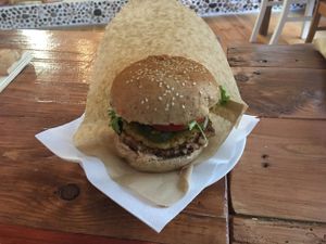 Burger w/options (pineapple, jalapeno, vegan cheese)
 at Vegan&Raw in Hannover