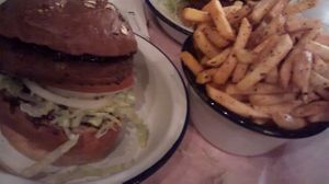 Burger and chips at Dennistoun Bar B Que in Glasgow
