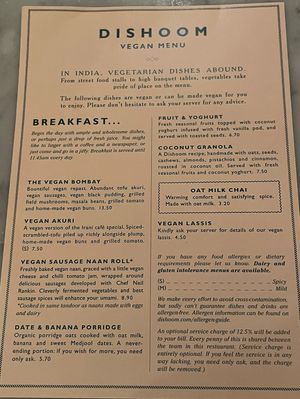 Vegan breakfast menu  at Dishoom in Edinburgh