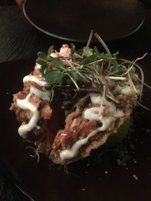 Pumpkin and mushroom taquitos with vegan aioli at Asia in Oslo