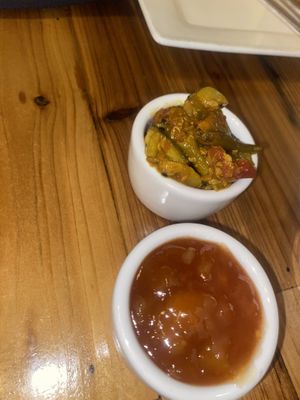 Achar on the left and mango chutney on the right (I thought the pappadam came with the standard onion, mint, and tamarind but still good!)  at Maruti Indian Restaurant  in Portland
