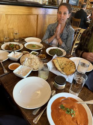 Chikn tikka, paneer, gf vegan naan, aloo Gobi, and ALL the chutneys   at Maruti Indian Restaurant  in Portland
