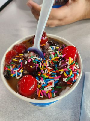 Vanilla coconut ice cream Oreos maraschino cherries rainbow sprinkles Bosco brand chocolate and caramel syrups at Arctic Ape in San Antonio