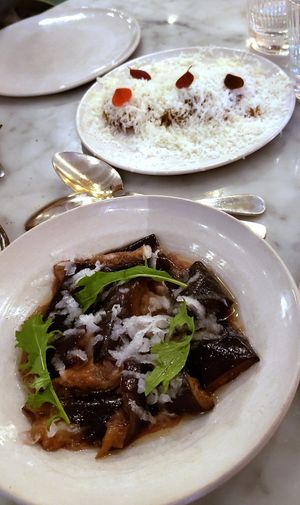 Starters: eggplant (vegan), and yellow beets (covered in cheese), at Graanmarkt 13 in Antwerpen