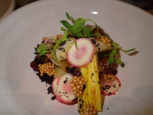 Another starter with musterd seeds and leek, radish. Very refined. at Graanmarkt 13 in Antwerpen