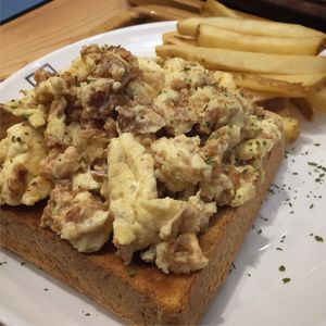 Just scramble - with beyond meat burger, toast and fries at Green Common - Harbour City in Kowloon