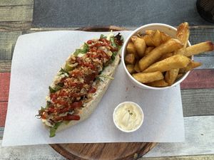 Vegan hotdog with fries and vegan mayo.  at Dogma in Utrecht