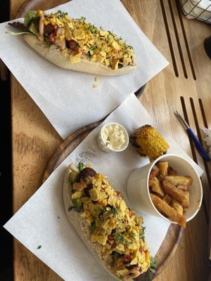 vegan sausage in ‚dwaze dienaar’ half roasted corn and fries w vegan mayo   at Dogma in Utrecht