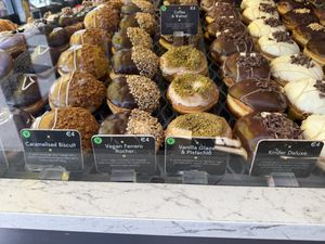Vegan donuts in the case  at The Rolling Donut - Bachelors Walk in Dublin