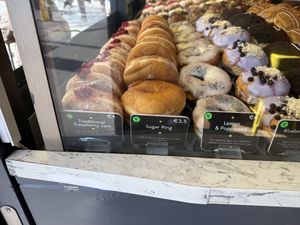 Vegan donuts in the case  at The Rolling Donut - Bachelors Walk in Dublin