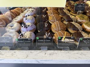 Vegan donuts in the case  at The Rolling Donut - Bachelors Walk in Dublin