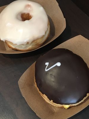 Vanilla glazed donut and chocolate-custard bun  at The Rolling Donut - Bachelors Walk in Dublin