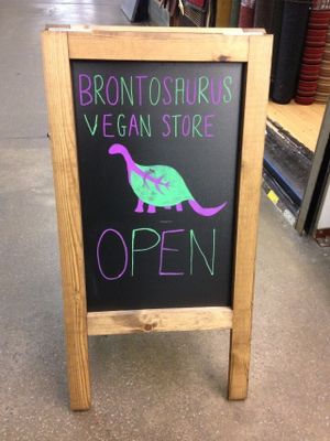 Outside sign at Brontosaurus Vegan Lifestyle Store in Swansea