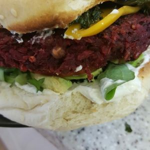 Samurai Jack Burger - homemade beetroot patty with crispy kale & homemade wasabi mayo   at Sicily to Seattle in Newport