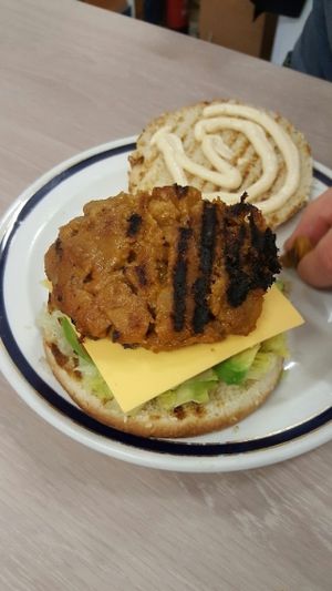 the new burger ! home made organic seitan pulled pork style vegan !!  at Sicily to Seattle in Newport