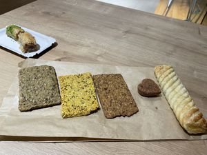 Difference crackers, baklava, vanilla cream roll and choco cookie   #Veganuary at World Vegan in Prague
