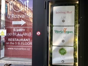 outside / signs at World Vegan in Prague