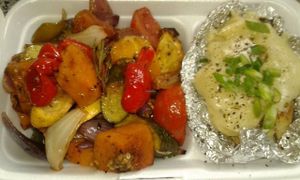 Mediterranean Roast Vegetables served with a Baked Potato topped with Freshly Ground Black Pepper , Coconut Butter and a Creamy Bechamel Sauce at Vegan To Order in Windhoek