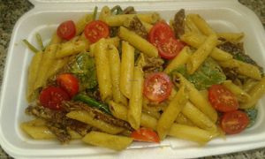 Penne Pasta tossed in Basil Pesto with Cherry Tomatoes & Baby Spinach and Grilled Vegan "chicken" Strips. at Vegan To Order in Windhoek