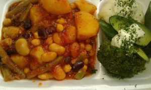 Four Bean & Potato Hot-Pot served with Steamed Vegetables topped with Coconut Butter & Parsley. at Vegan To Order in Windhoek