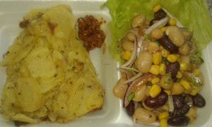 Potato Tortilla with Mexican Three Bean & Corn Salad. at Vegan To Order in Windhoek