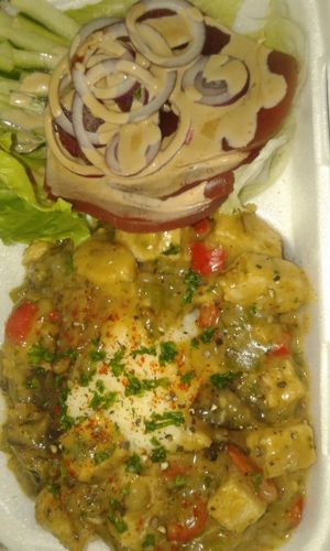 Vegan Version of Classic Chicken A La King - Vegan Chk'n, Mushrooms and Bell Peppers in a Rich Cream Sauce served on Mashed Potatoes with Salad Greens & Beetroot Slices. at Vegan To Order in Windhoek