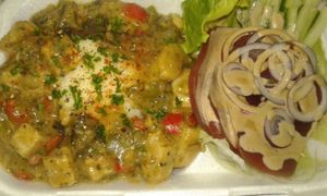 Vegan Version of the Classic Chicken A La King - Vegan Chk'n, Mushrooms and Bell Peppers in a Rich Cream Sauce served on Mashed Potatoes with Salad Greens & Beetroot Slices. at Vegan To Order in Windhoek