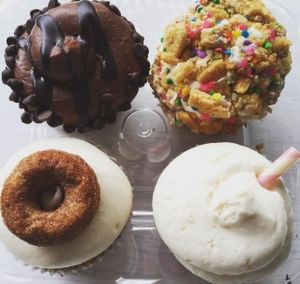Death by Chocolate (top left), Funfetti Oreo (top right), Gluten-Free Churro Donut (bottom left), Lemonade (bottom right). All delicious!  at Two Birds Baking Company in Fullerton