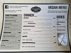 Vegan menu as per 18.10.2022 at Abracadabra Cafe & Bar in Rotorua