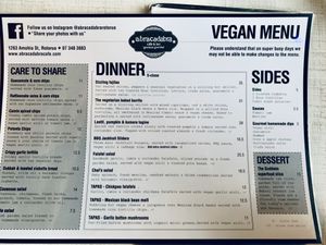 Vegan menu at Abracadabra Cafe & Bar in Rotorua