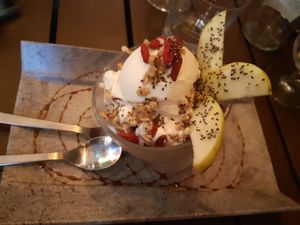 Dessert / Granola and ice-cream at Sanissimo - Principe Pio in Madrid