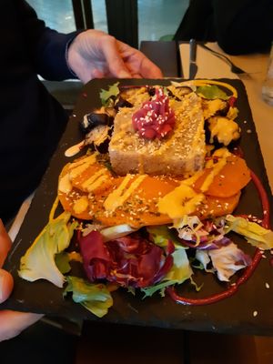 Main / Quinoa with roasted pumpkin + aubergine at Sanissimo - Principe Pio in Madrid