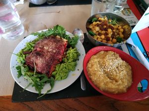Menú: quinoa soup, chickpea salad, vegetables lasagne. 10/10 at Sanissimo - Principe Pio in Madrid