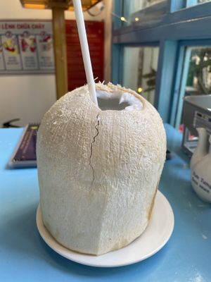 Fresh coconut, 25,000 VND  at Vegan Family Restaurant in Ho Chi Minh City