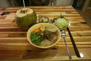 Noodle Soup and fresh coconut  at Vegan Family Restaurant in Ho Chi Minh City