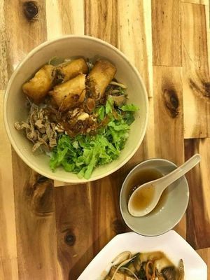 Rice noodles with fried spring rolls (30k dongs), not the best choice at Vegan Family Restaurant in Ho Chi Minh City