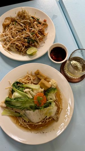 Pas thai and crispy fried noodles   at Vegan Family Restaurant in Ho Chi Minh City