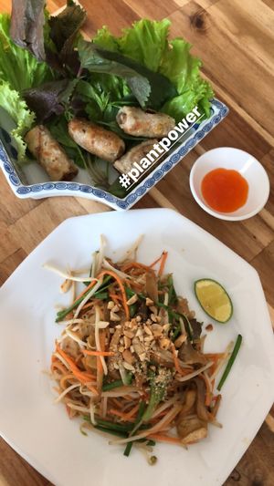 Fried spring rolls and pad thai   at Vegan Family Restaurant in Ho Chi Minh City